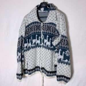 White Blue Grey Alpaca Full Zip Cardigan Sweater XL
